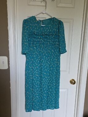 Vintage Teal Midi Dress with Gold Teardrop Print Bohemian